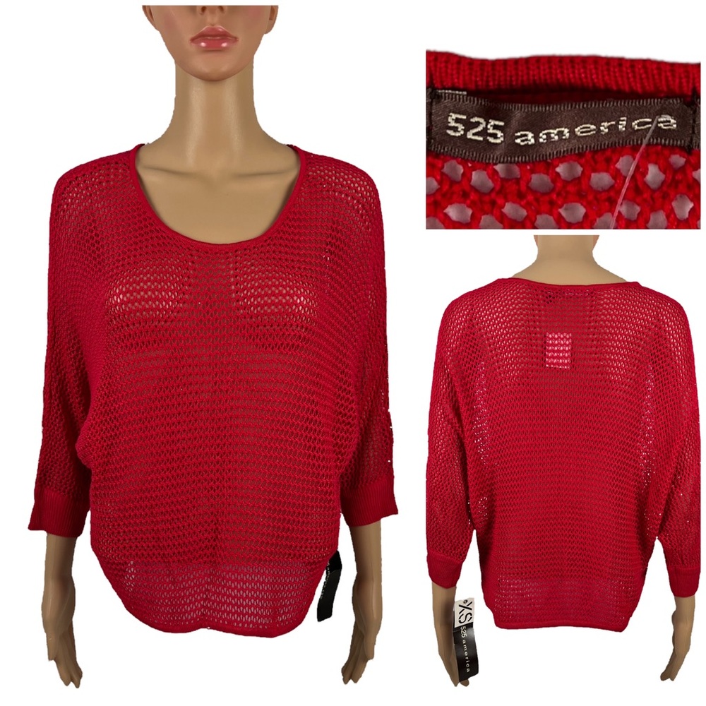 525 America Womens XS Top Sweater Open Kit Red 100% Matte Rayon 3/4 Sleeve NWT